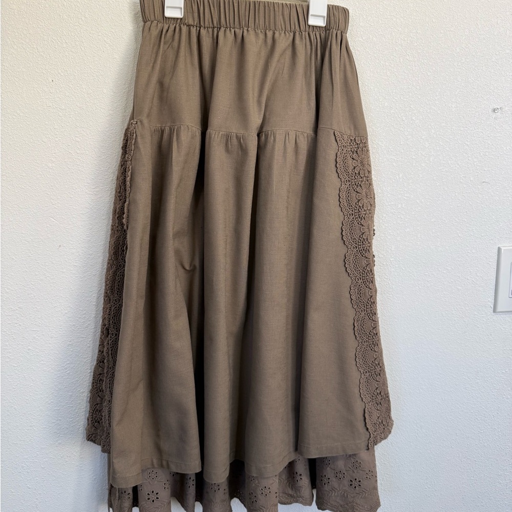 Boho Cottagecore Lace Panel Midi Skirt | Taupe Tiered Prairie Skirt size medium - Picture 2 of 7